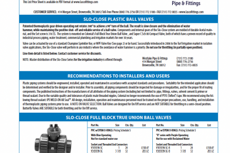 Slo-Close Plastic Ball Valves List Price Sheet