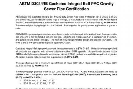 ASTM D3034/IB Gasketed Integral Bell PVC Gravity Sewer Pipe Certification Letter