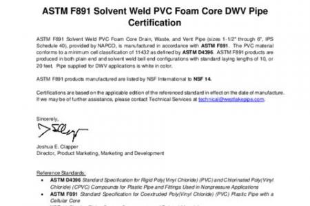 ASTM F891 Solvent Weld PVC Foam Core DWV Pipe Certification Letter