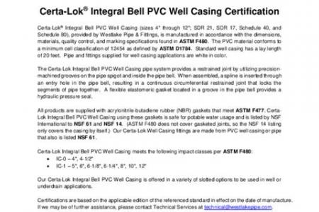 Certa-Lok® Integral Bell PVC Well Casing Certification Letter