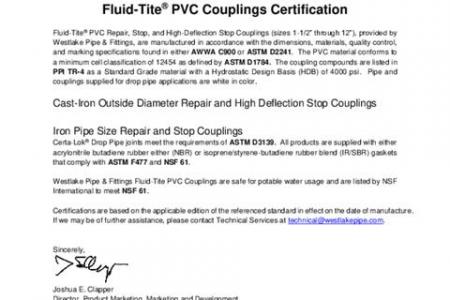 Fluid-Tite® PVC Couplings Certification Letter