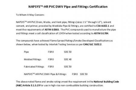NAPSYS-HR PVC DWV Pipe and Fittings Certification Letter