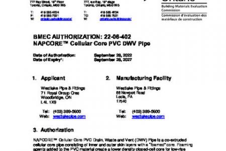 BMEC Authorization - NAPCORE™ Cellular Core DWV Pipe – Ontario