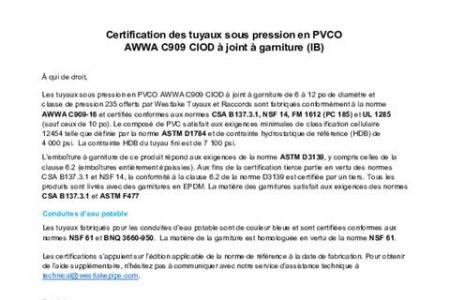 Certification des tuyaux sous pression en PVCO AWWA C909 CIOD à joint à garniture (IB)